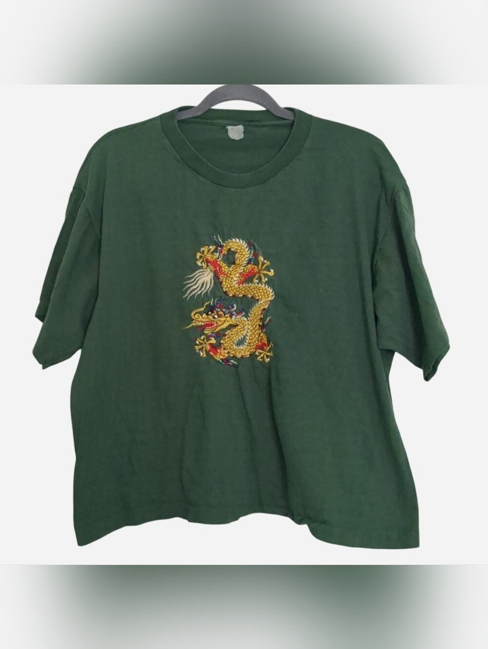 Rare 90s Vintage Dragon Embroidered "Boxy" Tee - Single Stitch Forest Green  M
